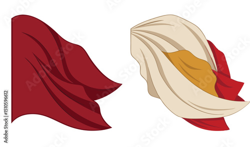 Two abstract fabric drapes red beige and gold