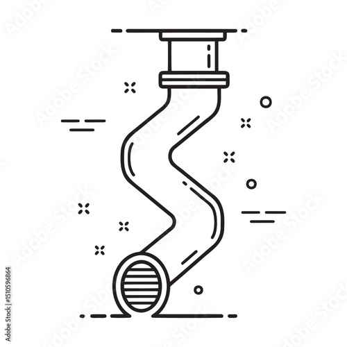Curved pipe illustration with drainage design in minimalist style with black lines