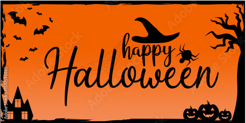 Halloween text on gradient orange background with pumpkin and bat illustration. Black font with witch hat and creepy spider elements. Text background for Halloween celebration.
