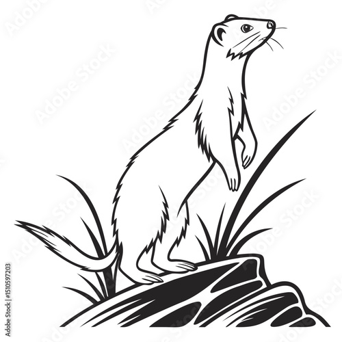 A black and white drawing of a weasel standing on a rock with grass around it on transparent background