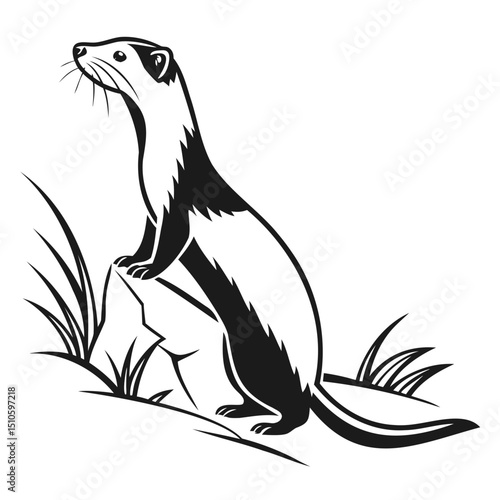 Black and white illustration of a ferret standing on a rock in the grass art on transparent background