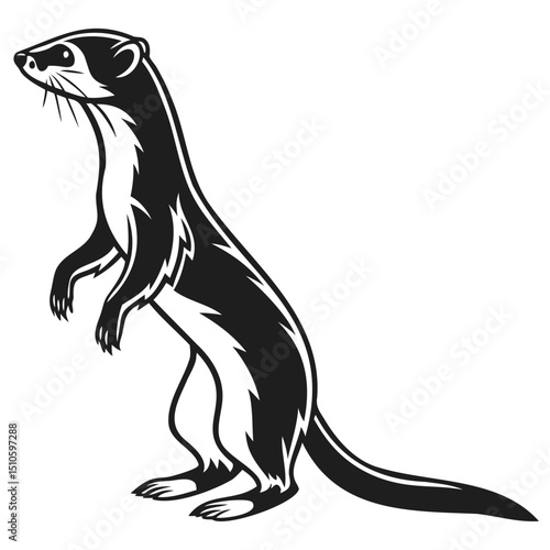 Illustration of a stoat standing upright with black and white color scheme art on transparent background