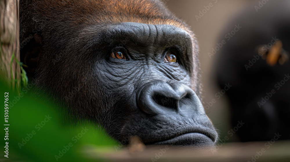 Obraz premium Close up of thoughtful gorilla looking away surrounded by foliage and natural blurred background
