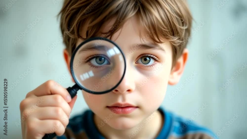 Boy peering through magnifying glass focus on detail intense gaze Boy peering through magnifying glass focus on detail intense gaze
