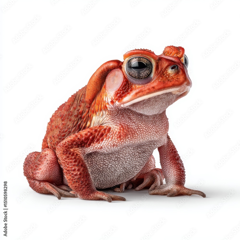 Naklejka premium A red toad with large eyes sits on a white background, showcasing its textured skin and unique amphibian features.