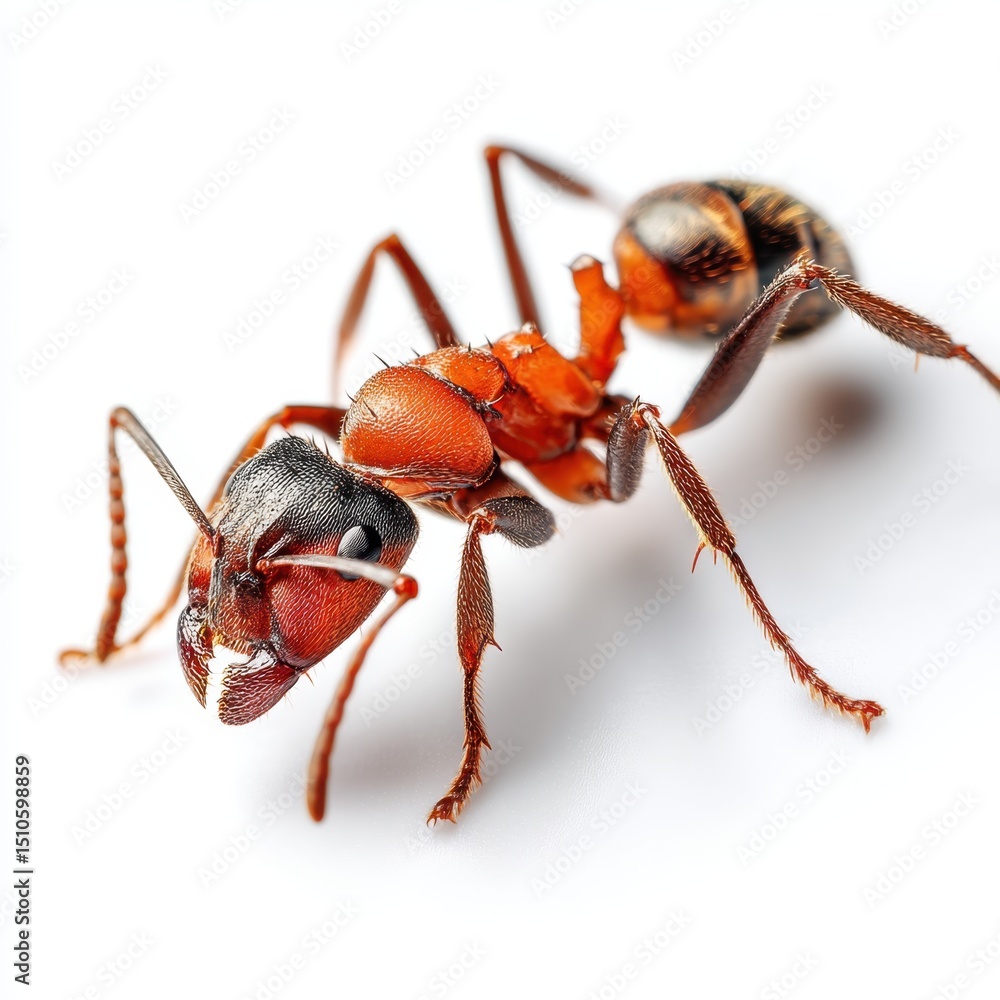 Close-up of a red ant on a white background, showing detailed body structure and texture. Close-up of a red ant on a white background, showing detailed body structure and texture.
