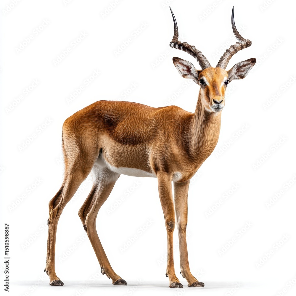 Obraz premium A graceful antelope with curved horns stands on a white background.
