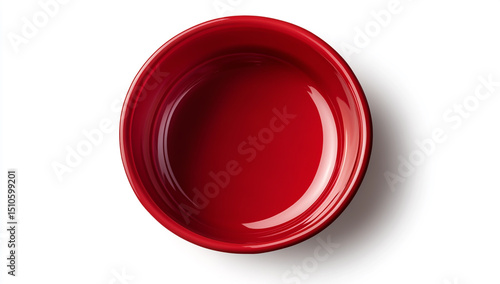 Red plastic bowl on a white background, top view. Close-up of a red, round food container for a dog or cat pet with no text