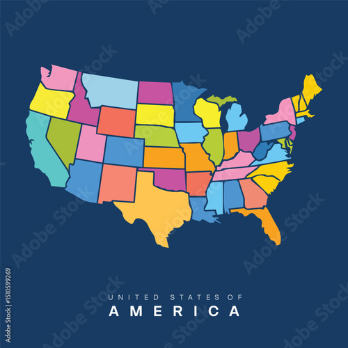 Vibrant and colorful vector map of the United States with each state in a different color. 