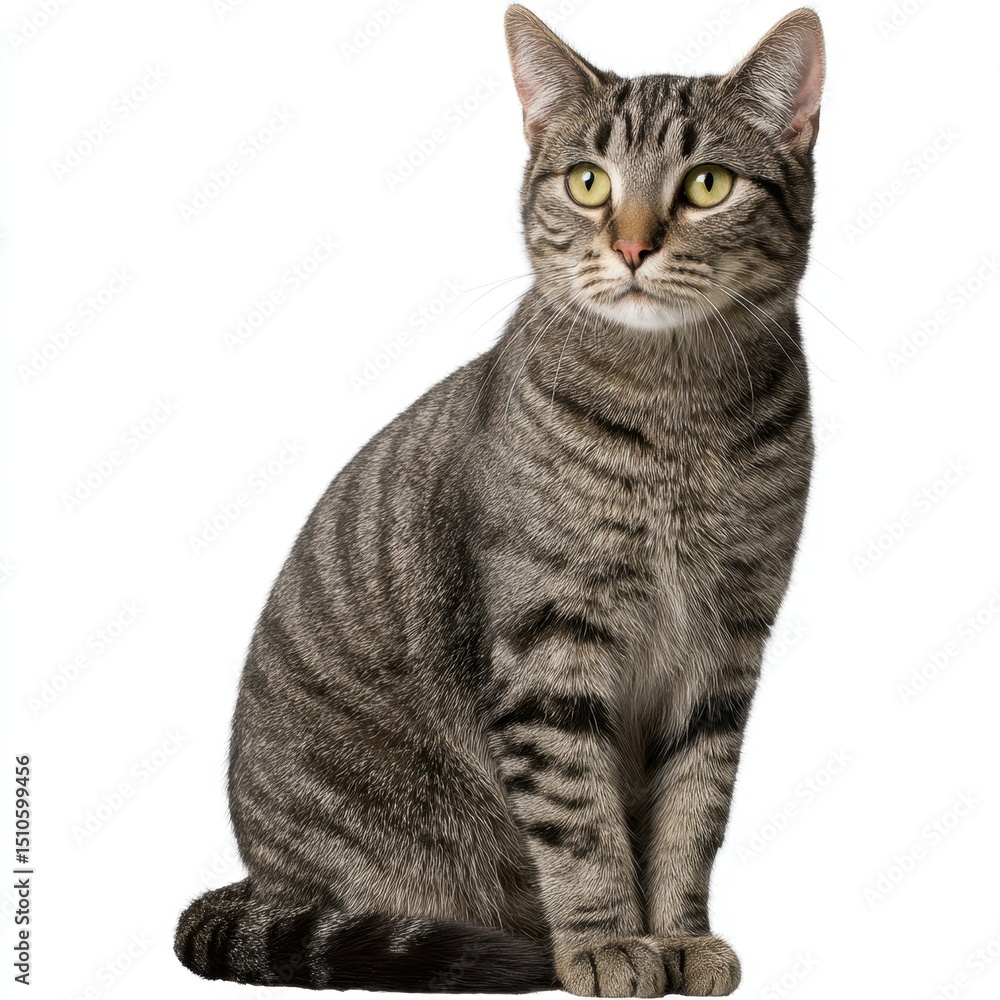 Fototapeta premium A short-haired tabby cat sits upright, looking alert with striking yellow-green eyes and distinctive striped fur.