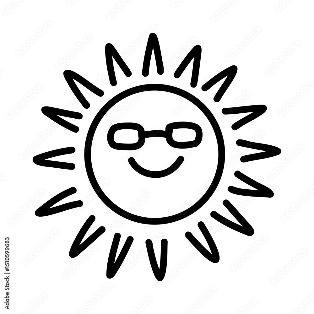 Cool cartoon sun with sunglasses and a smile. Hand-drawn doodle style in black line. Fun summer illustration for kids, coloring pages, stickers, t-shirts, posters, and digital prints. Vector art Cool cartoon sun with sunglasses and a smile. Hand-drawn doodle style in black line. Fun summer illustration for kids, coloring pages, stickers, t-shirts, posters, and digital prints. Vector art