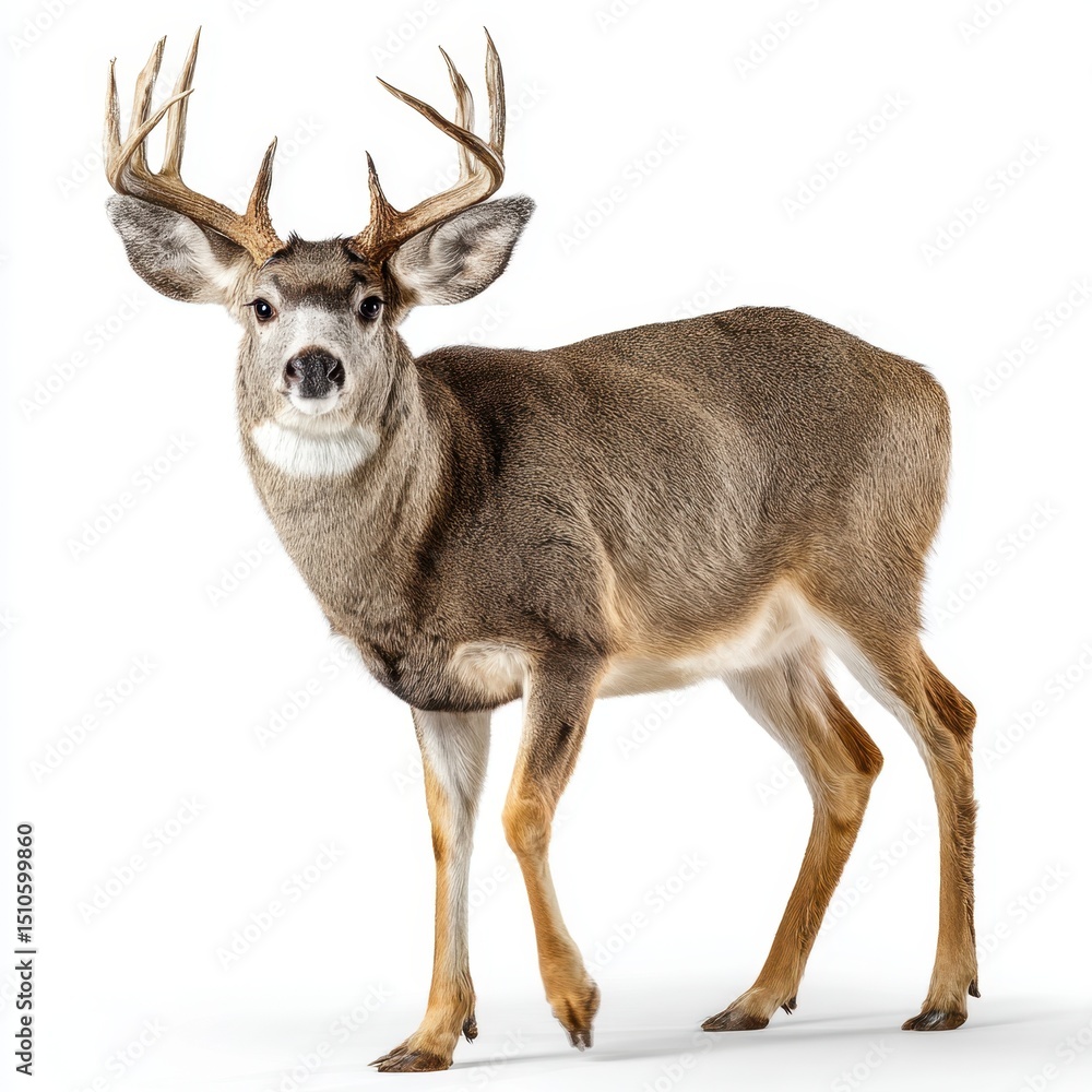 Obraz premium A mature deer with large antlers stands alert against a white background.