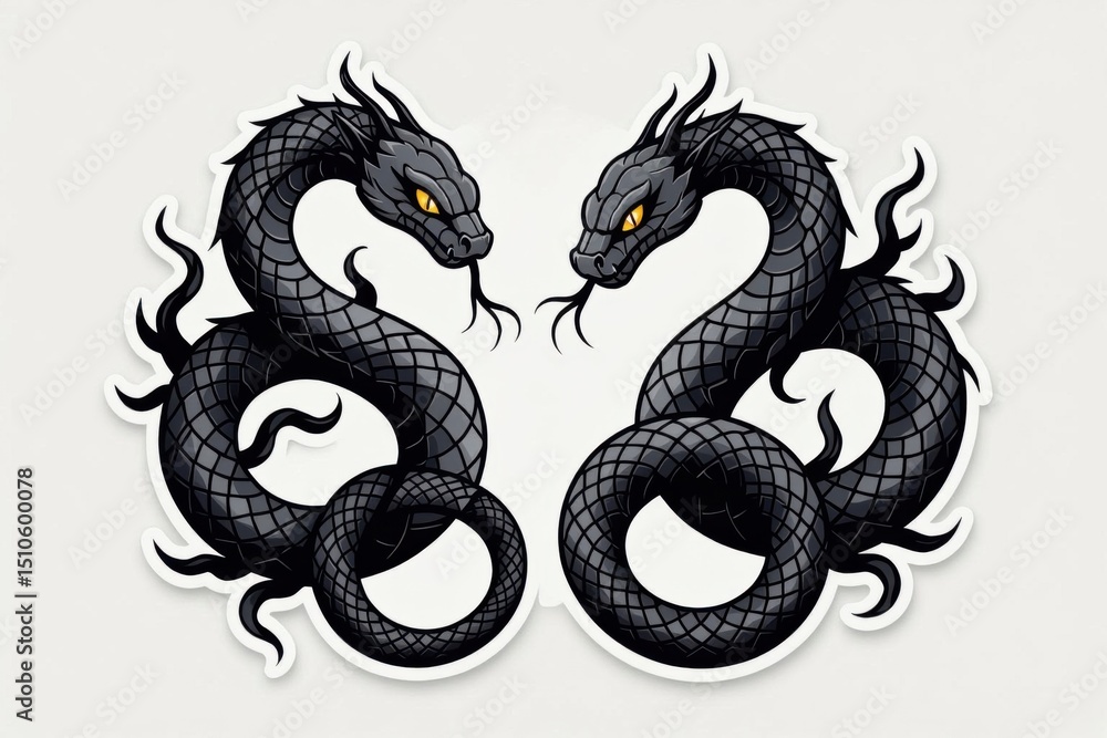 Obraz premium Two black, entwined dragons face each other with fierce yellow eyes and forked tongues on a light background.