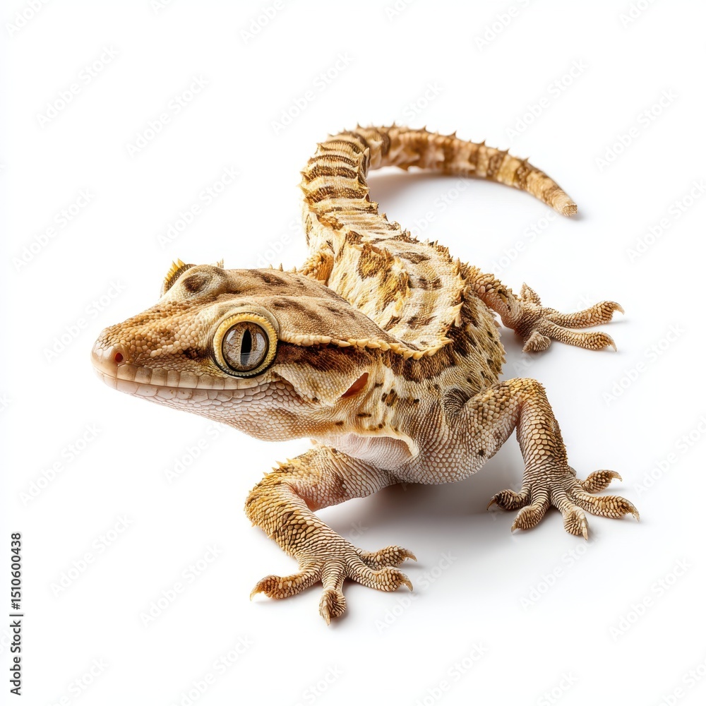 Naklejka premium A brown gecko with textured skin and large eyes is pictured on a white background.