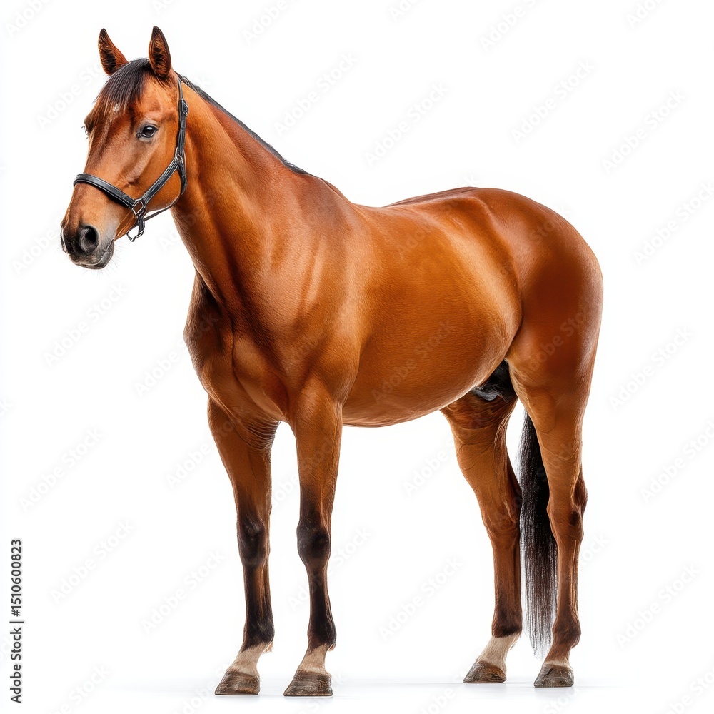 Fototapeta premium A brown horse stands on a white background, facing forward, wearing a bridle and looking alert.