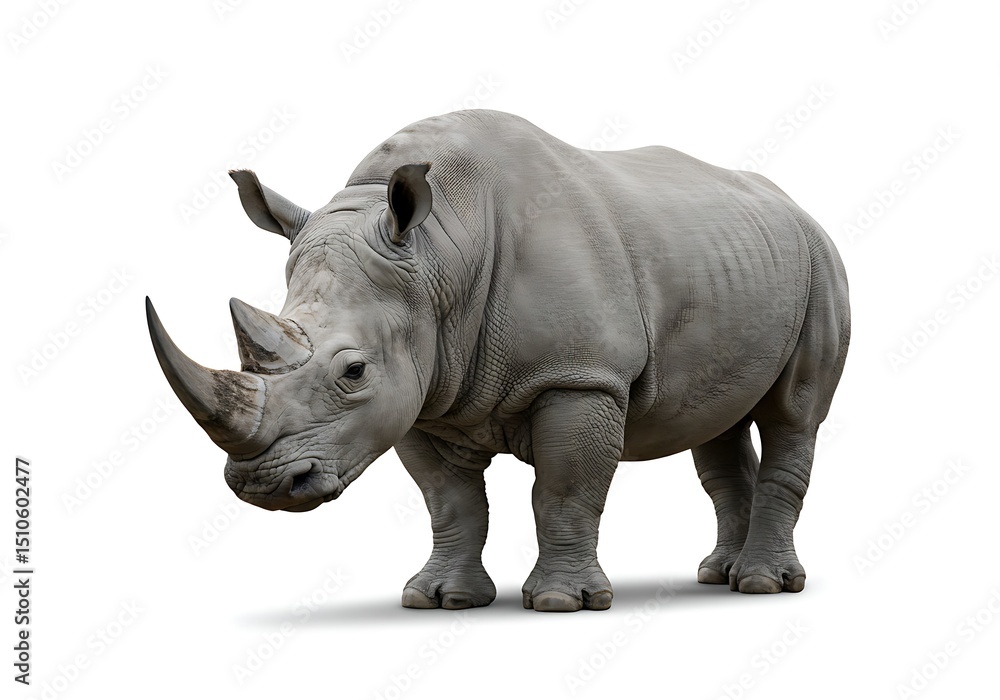White rhinoceros standing isolated on white background, facing left White rhinoceros standing isolated on white background, facing left