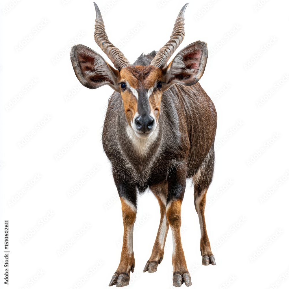 A nyala antelope with spiral horns stands facing forward against a white background. A nyala antelope with spiral horns stands facing forward against a white background.