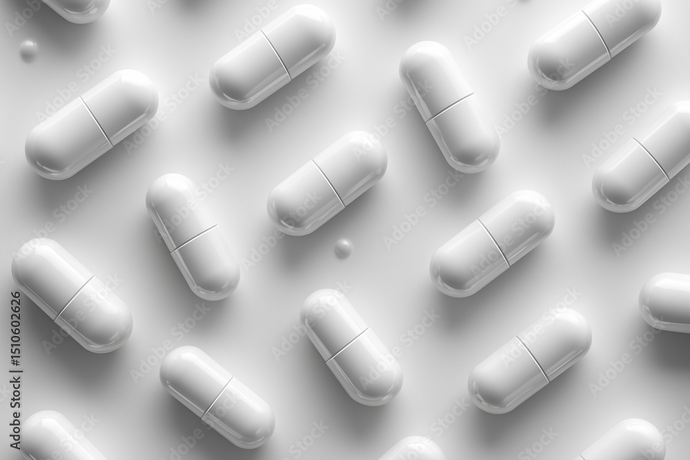 White medical capsules neatly aligned on a clean white background. White medical capsules neatly aligned on a clean white background.