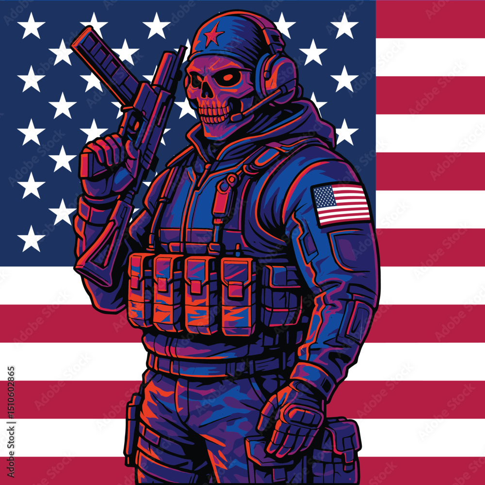 Obraz premium Patriotic Tactical Soldier Skull Illustration with American Flag – Military Concept Art