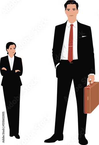 Businessman and businesswoman in corporate attire symbolizing workplace inequality, gender gap, career disparity, and professional power imbalance in modern business environment illustration