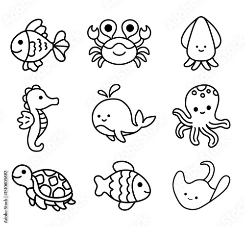 Set collections of cute sea ocean animals creatures doodle hand drawn kids illustration black white coloring book clipart outline happy world international day