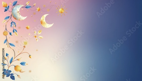 Mystical Celestial Watercolor Illustration with Sun, Moon, Stars and Floral