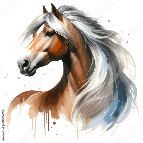Horse head drawing. Portrait. Watercolor style. Isolated on a white background. Banner. Vector illustration, AI