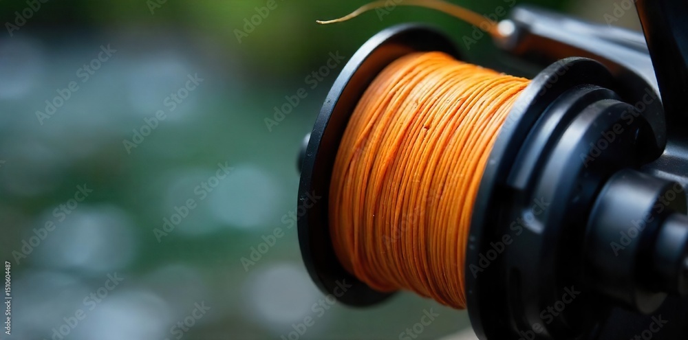 Obraz premium Close-up of a fishing line spooled on a reel, ready for trout fishing High-quality braided line, ideal for catching trout in rivers and streams Various sizes and strengths available , lure, texture