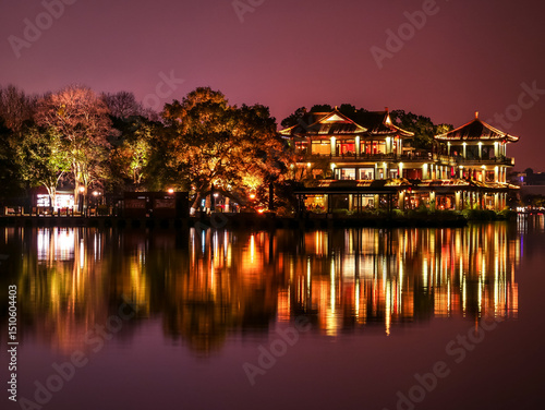 Night scenic view at Xi Hu(west lake),located at Hangzhou city,China