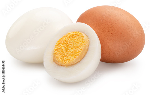 Принти на полотні Group of shelled egg, unshelled egg and half of boiled chicken egg on white background
