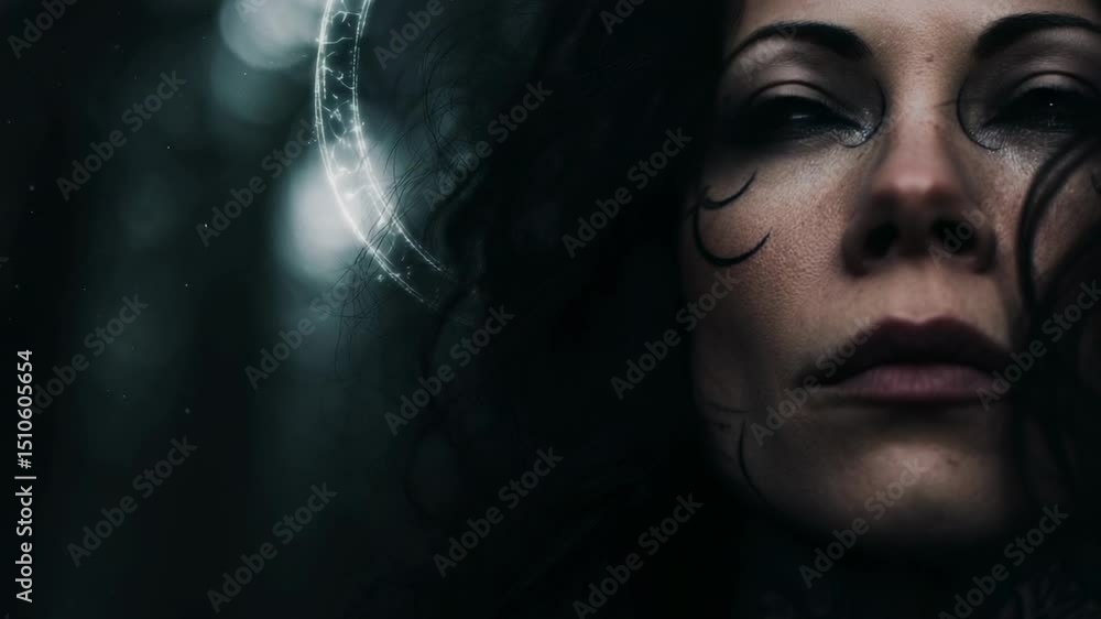 Mysterious woman which gazes into the distance surrounded by a dark forest backdrop during twilight Mysterious woman which gazes into the distance surrounded by a dark forest backdrop during twilight