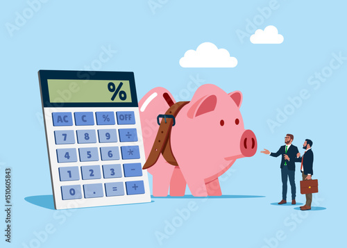 Economy mode. Piggy bank tighten belt with calculator sign percent. Modern vector illustration in flat style