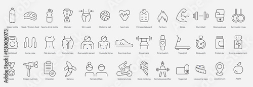 Line Fitness Icons Set –  Vector illustration of modern thin line style icons for Health, Workout, and Nutrition	