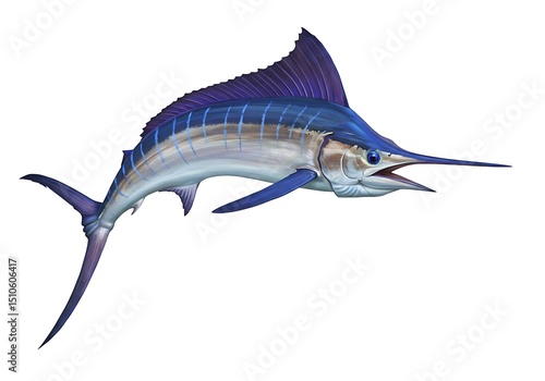 Blue marlin isolated on white background, a large predatory fish