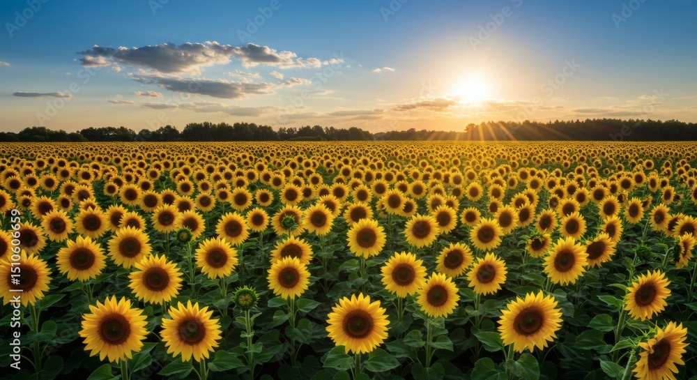 Fototapeta premium Sunkissed Sunflower Field Golden Blooms at Sunset.