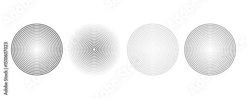 Black concentric circle set. Sonar or sound wave ring collection. Dotted and linear epicentre, target, radar icon concept. Ripple radial signal or vibration elements. Vector line and halftone symbols