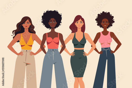 Group of four women with confident expressions in fashionable outfits on a neutral background