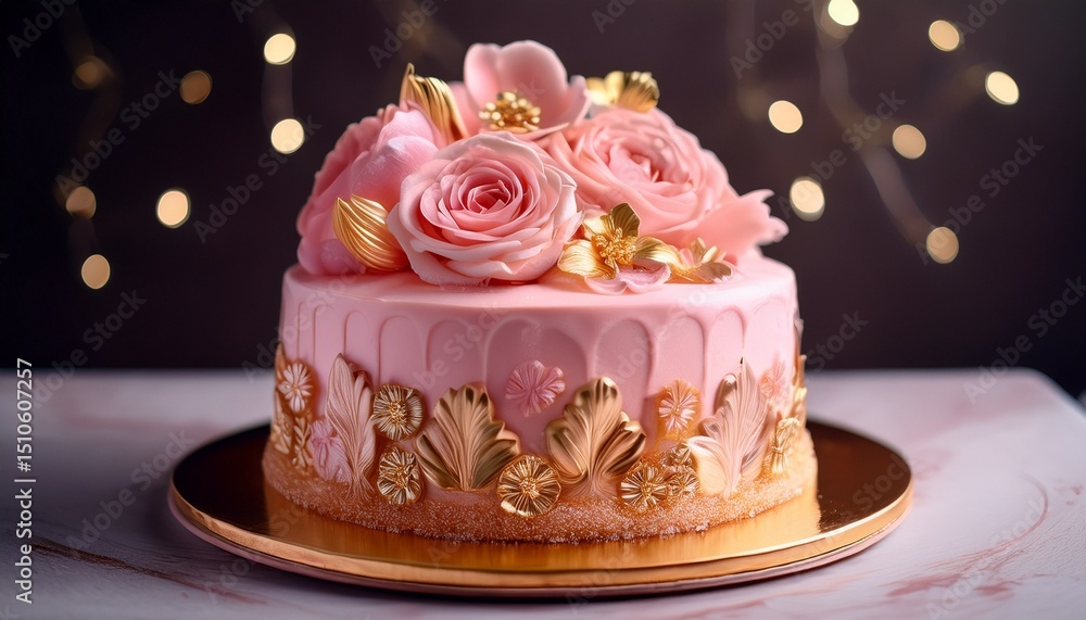 a beautifully decorated cake with pink frosting golden accents and delicate flower decorations elegant and delicious treat a beautifully decorated cake with pink frosting golden accents and delicate flower decorations elegant and delicious treat