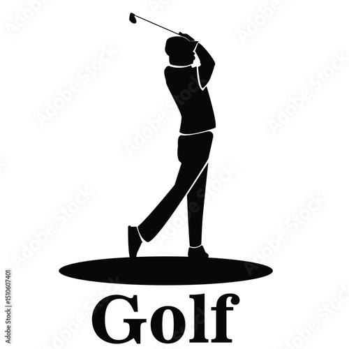 Silhouette of a golfer swinging club on white background with text “Golf” in bold font below the figure.