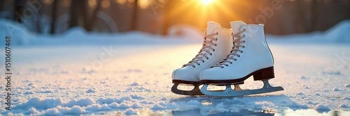 A pair of classic winter ice skates, gleaming under the winter sun, ready for a day on the frozen lake Sharp blades, durable construction, perfect for ice skating , reflection, recreation, ice