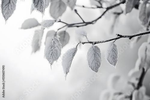 Frost covered leaves on a tree branch in winter monochrome photography