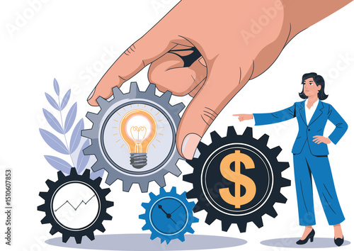 Businesswoman pointing at financial strategy with gears, lightbulb, dollar sign and analytics icons representing innovation, time management, and business growth process for success