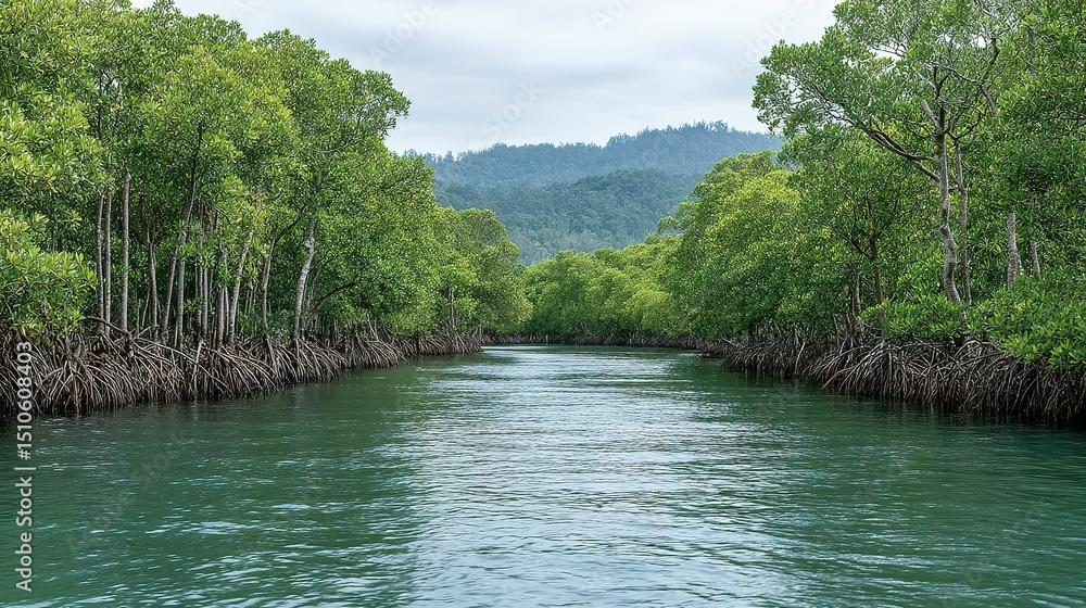 Fototapeta premium Lush mangrove forest lining a calm waterway.