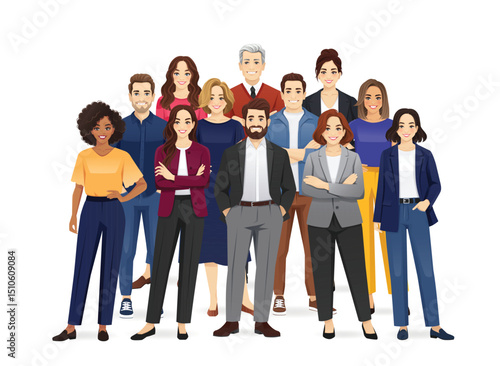 Portrait of group of happy diverse multiethnic business people standing together. Team of colleagues in different ages. Isolated vector illustration.