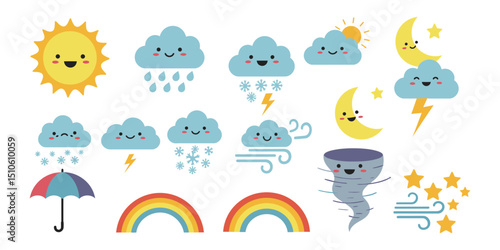 “Cute Weather Icons Set with Sun, Clouds, Rain, Thunderstorms, Moon, Rainbow, and Tornado”