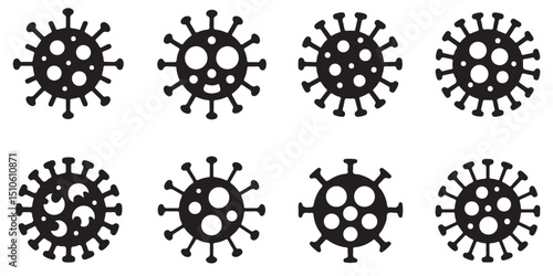Black Virus Icons Set on White Background, Black Virus Icons with Different Expressions, Virus Icons Line Art Set for Medical Designs