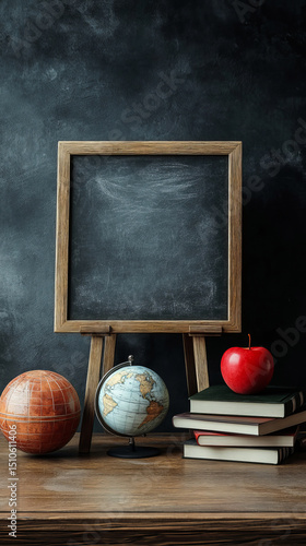 Classic school scene featuring a blackboard globe books and a fresh red apple arrangement