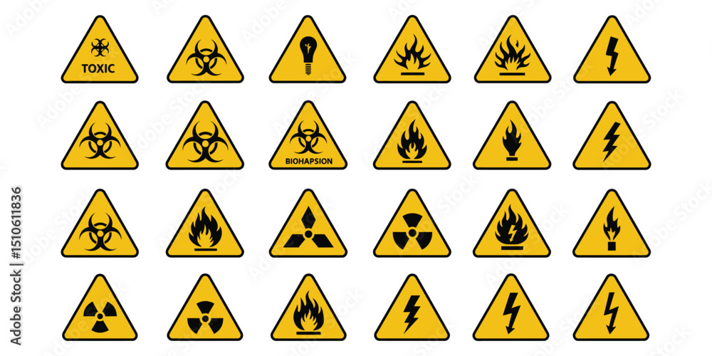 “Set of Yellow Warning and Hazard Symbols for Toxic, Biohazard, Radiation, Fire, and Electrical Safety” “Set of Yellow Warning and Hazard Symbols for Toxic, Biohazard, Radiation, Fire, and Electrical Safety”