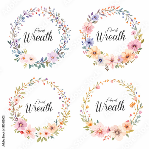 Gentle watercolor floral frame wreaths set with botanical leaves branch