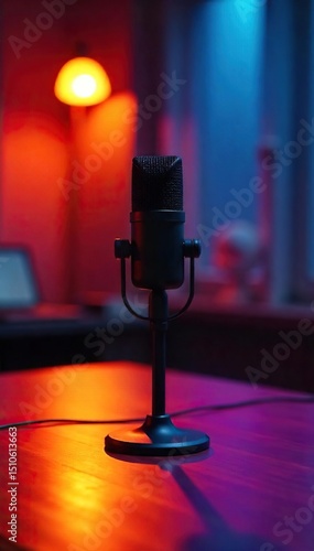 A single host microphone stands ready on a sleek, modern table, bathed in soft, warm lighting, perfect for a podcast or online broadcast , elegant, professional